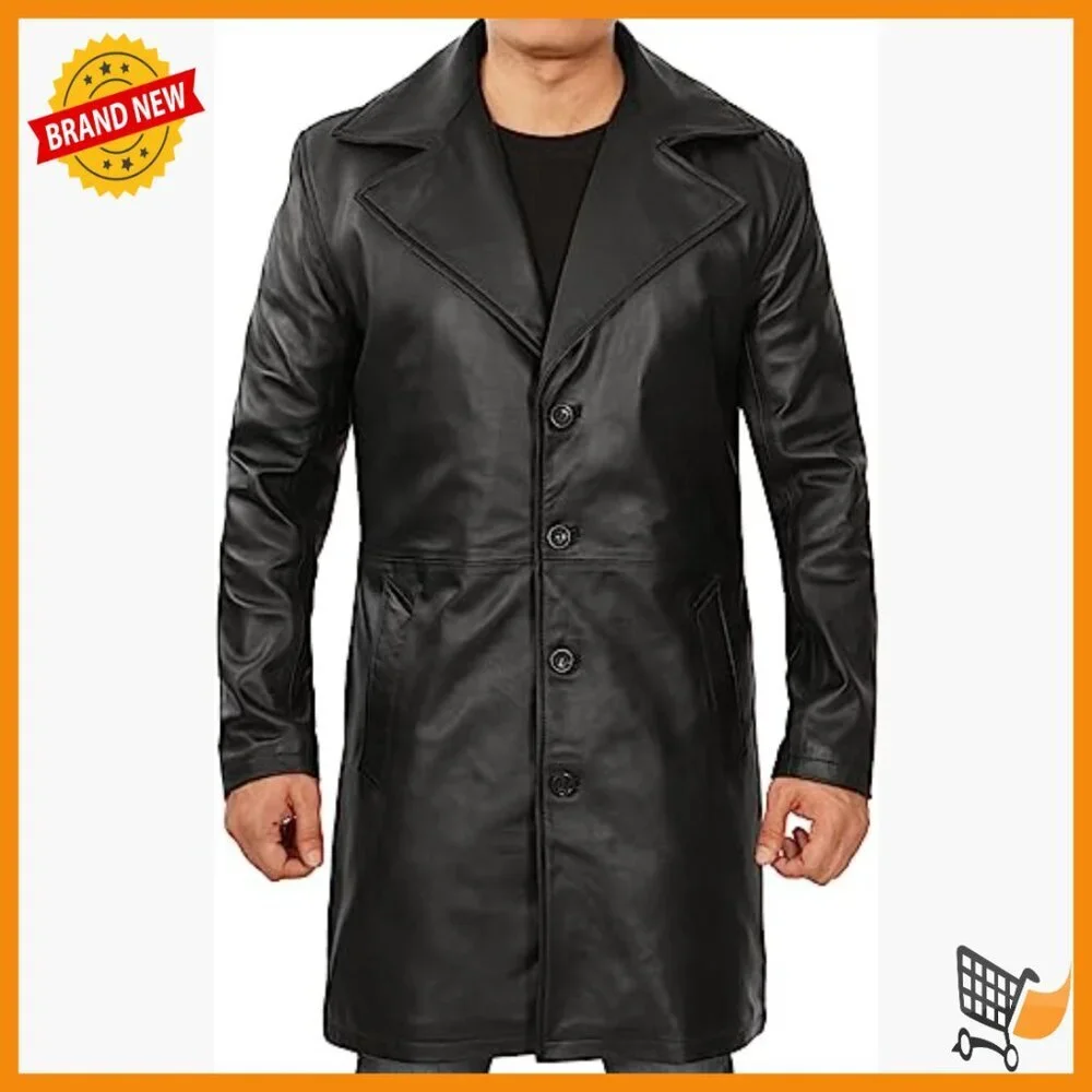 Men's Lambskin Leather Car Coat, Knee Length, Button Front, Lapel Collar